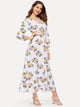 Floral Print Polka Dot Bishop Sleeve Dress