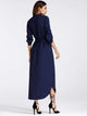 Flower Applique Slit Curved Hem Belted Dress