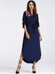 Flower Applique Slit Curved Hem Belted Dress