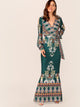 Tribal Print Split Sleeve Wrap Belted Fishtail Dress