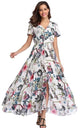 Women Flower Print Casual Split Maxi